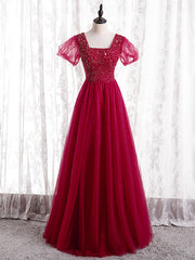 Burgundy Tulle Sequins Square Short Sleeve Prom Dress