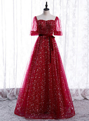 Burgundy Tulle Sequins Square Short Sleeve Prom Dresses