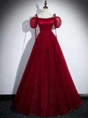 Burgundy Tulle Sequins Straps Puff Sleeve Prom Dress