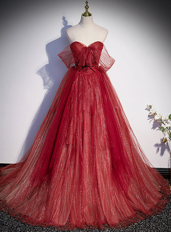 Burgundy Tulle Sequins Sweetheart Prom Dress