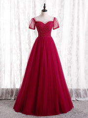 Burgundy Tulle Short Sleeve Scoop Neck Prom Dress