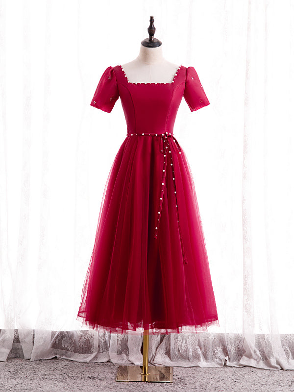 Burgundy Tulle Square Short Sleeve Pearls Prom Dress