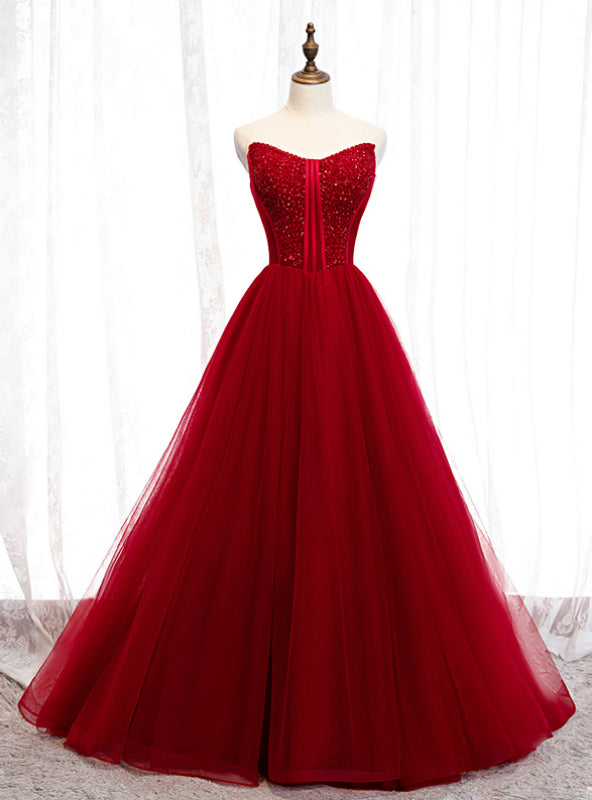 Burgundy Tulle Sweetheart Beading Long Prom Dress