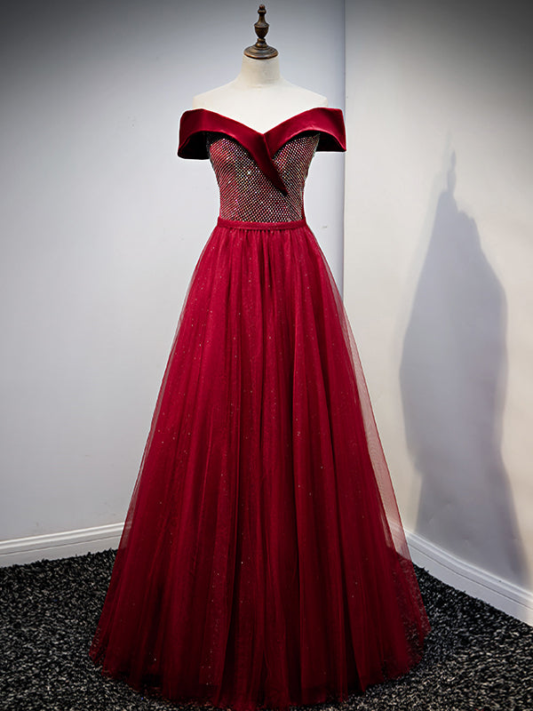 Burgundy Tulle Velvet Off the Shoulder Formal Prom Dress