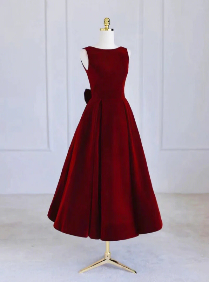 Burgundy Velvet Beading Bow Prom Dress