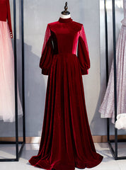 Burgundy Velvet Long Sleeve High Neck Prom Dress