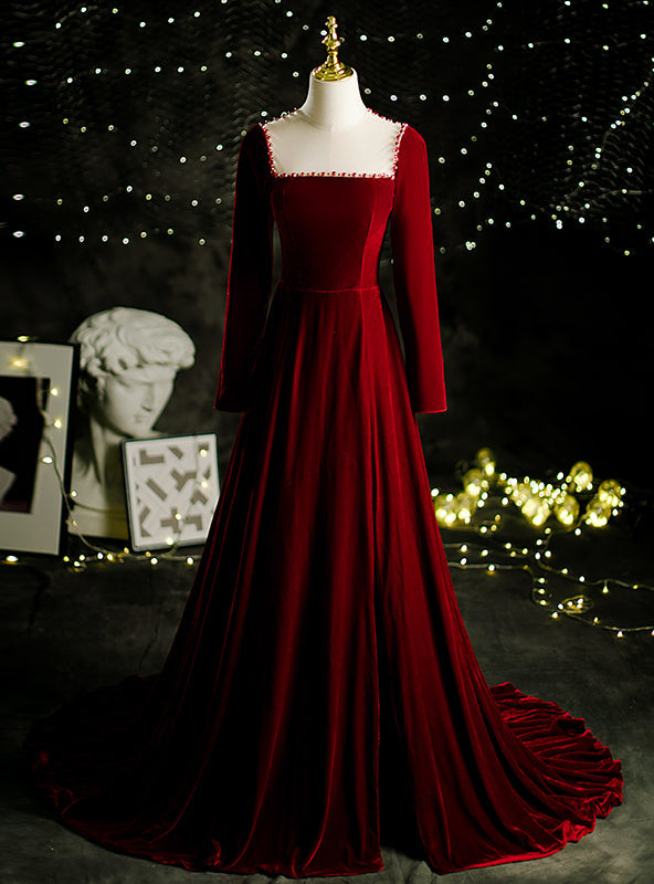 Burgundy Velvet Long Sleeve Pearls Prom Dress