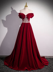 Burgundy Velvet Off the Shoulder Pleats Beading Prom Dress