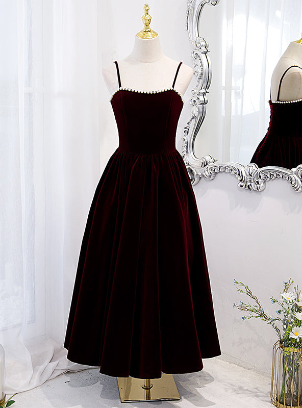 Burgundy Velvet Spaghetti Straps Pearls Prom Dress