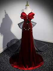 Burgundy Velvet Spaghetti Straps Pleats Prom Dress