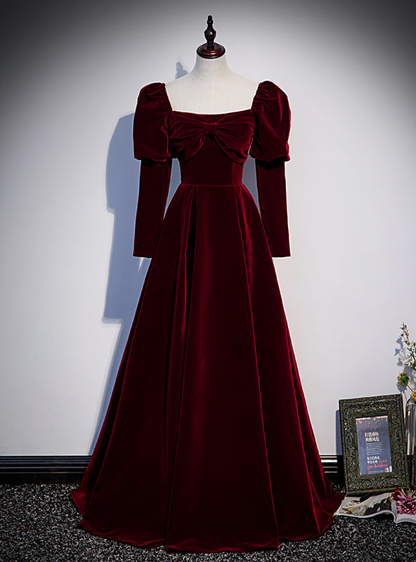 Burgundy Velvet Square Bow Long Sleeve Prom Dress