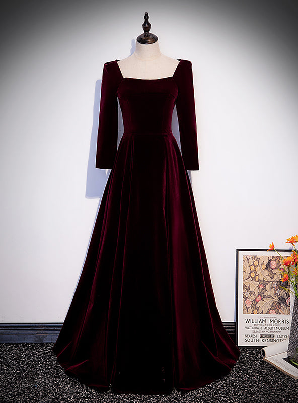 Burgundy Velvet Square Long Sleeve Long Prom Dress