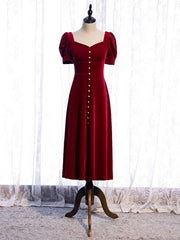 Burgundy Velvet Square Short Sleeve Prom Dress