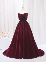 Burgundy Velvet Strapless Bow Prom Dress