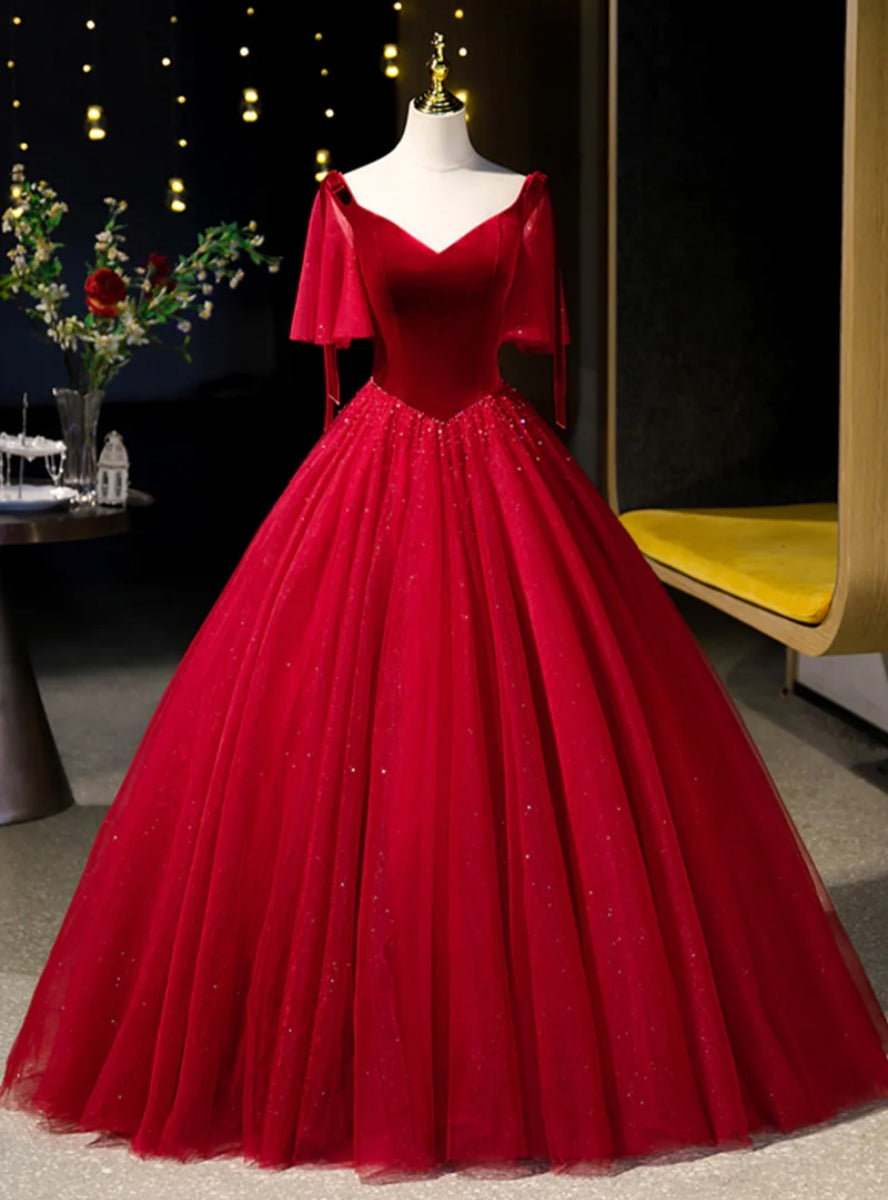 Burgundy Velvet Tulle V-neck Prom Dress