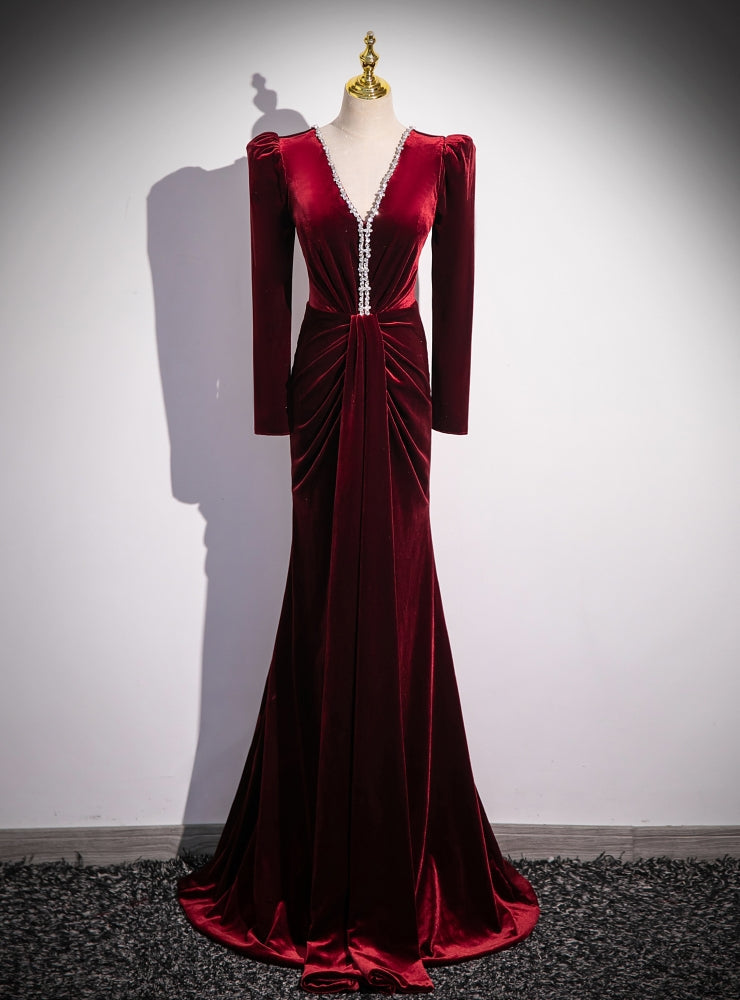 Burgundy Velvet V-neck Long Sleeve Prom Dress