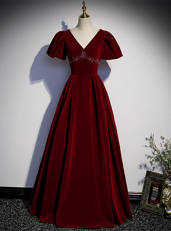 Burgundy Velvet V-neck Puff Sleeve Beading Prom Dress