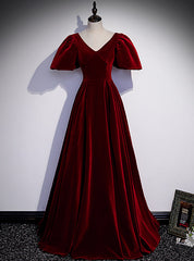 Burgundy Velvet V-neck Puff Sleeve Prom Dress