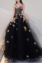 A Line Black Tulle Prom Dress with Flowers Puffy Quinceanera Dresses