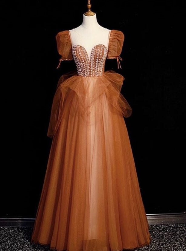 Caramel Tulle Puff Sleeve Beading Prom Dress