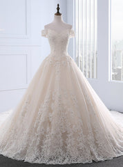 Champagne Ball Gown Tulle Appliques Off The Shoulder Wedding Dress