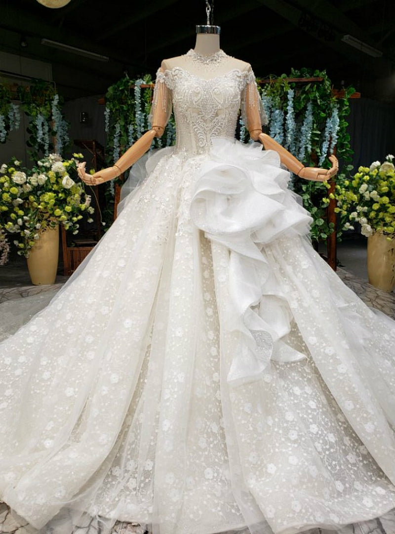 Champagne Ball Gown Tulle Lace Off the Shoulder Short Sleeve Wedding Dress