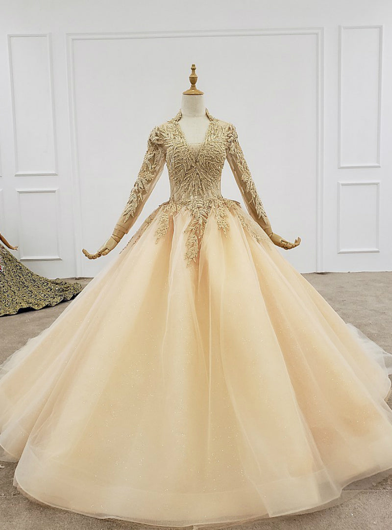 Champagne Ball Gown Tulle V-neck Long Sleeve Wedding Dress Wit Beading