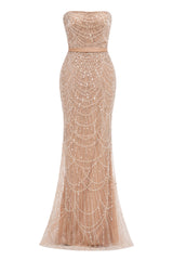 Champagne Beading Prom Dresses Sweep Train High Neck Zipper Sleeveless Fromal Dresses