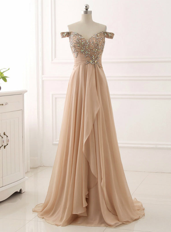 Champagne Chiffon Off The Shoulder Pleats Prom Dress With Crystal