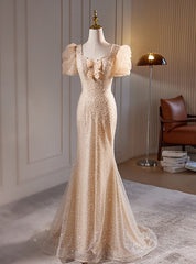 Champagne Mermaid Puff Sleeve Pearls Prom Dress