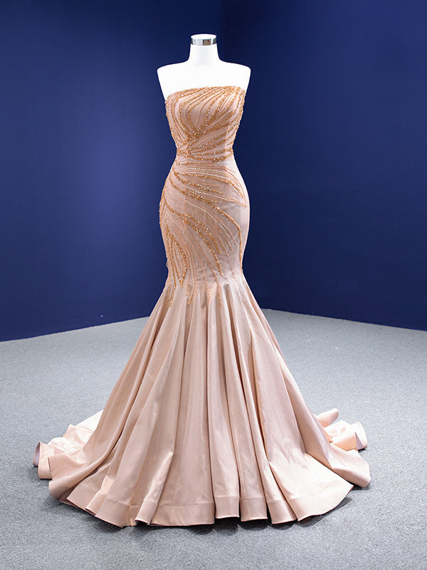 Champagne Mermaid Satin Strapless Beading Sequins Prom Dress