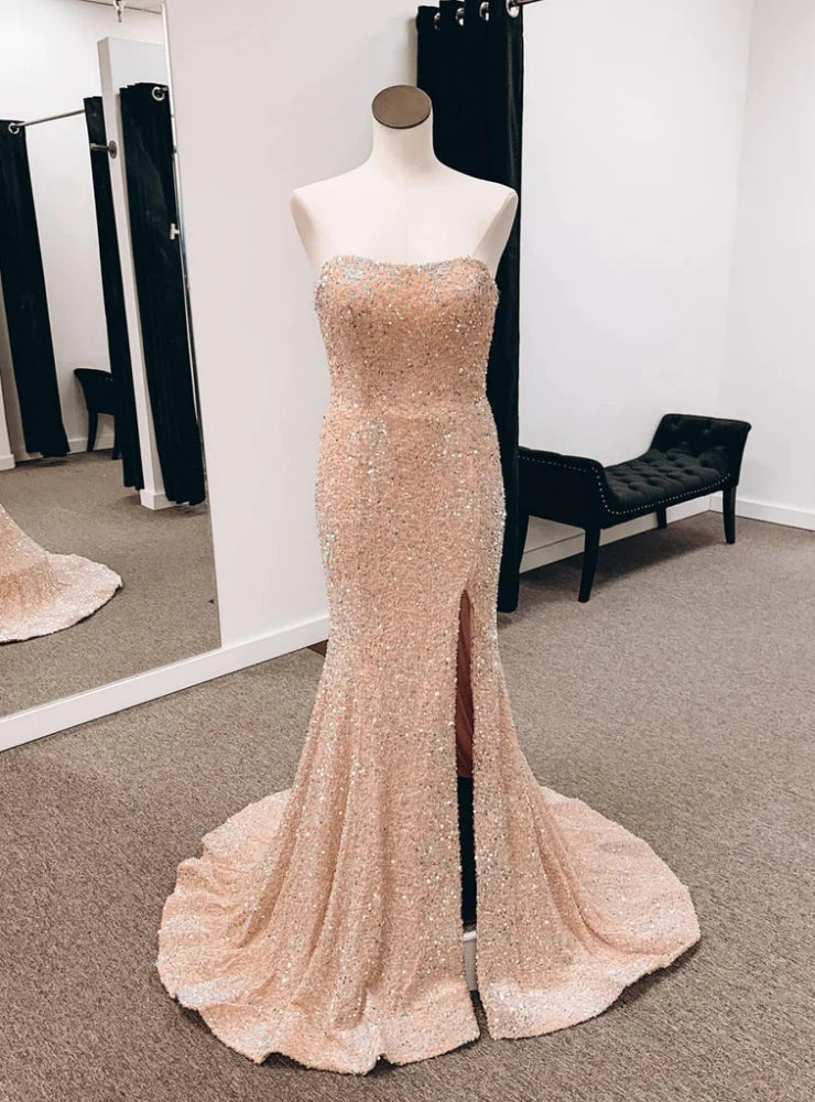 Champagne Mermaid Sequins Strapless Split Prom Dress