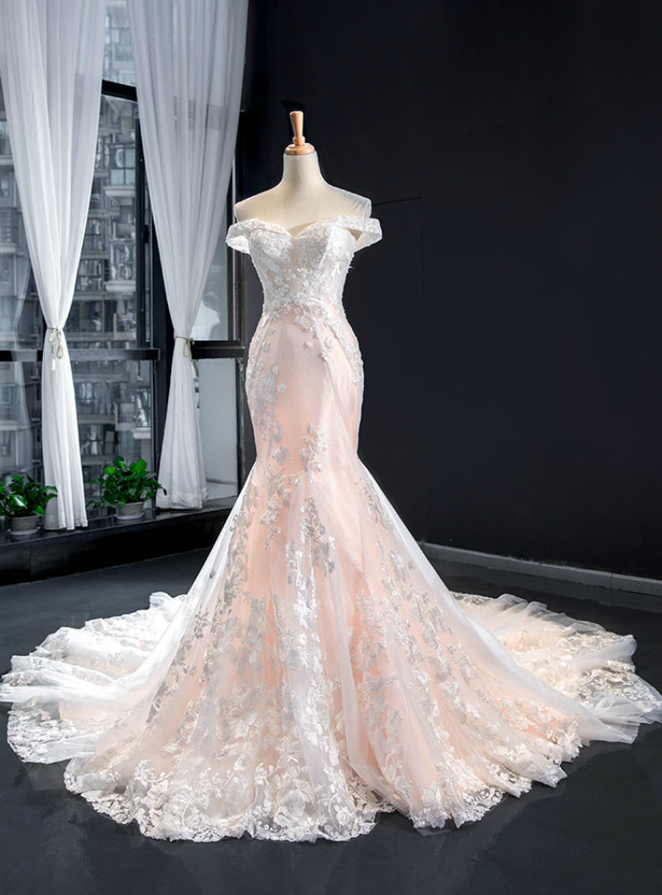 Champagne Mermaid Tulle Appliques Off the Shoulder Wedding Dress With Train