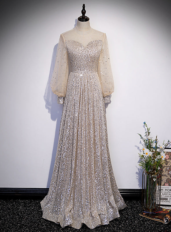 Champagne Sequins Long Sleeve Prom Dress