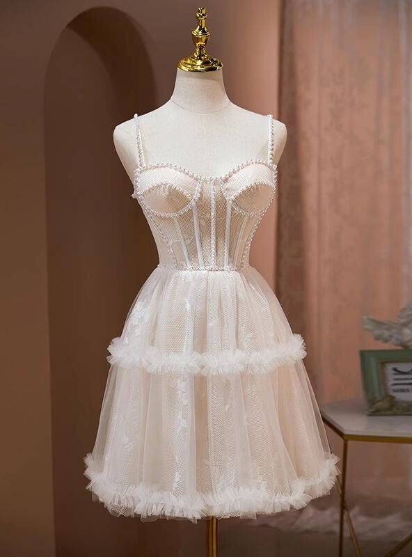 Champagne Tille Spaghetti Straps Pearls Homecoming Dress