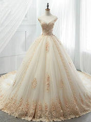 Champagne Tulle Ball Gown Off The Shoulder Appliques Wedding Dress