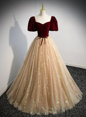 Champagne Tulle Burgundy Velvet Puff Sleeve Prom Dress