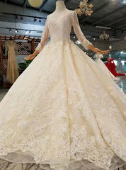 Champagne Tulle Lace Appliques High Neck Long Sleeve Beading Luxury Wedding Dress