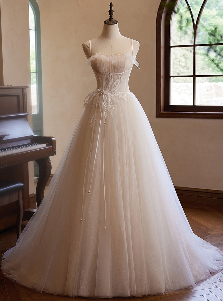 Champagne Tulle Pleats Spaghetti Straps Wedding Dress