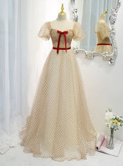 Champagne Tulle Puff Sleeve Prom Dress With Red Bow