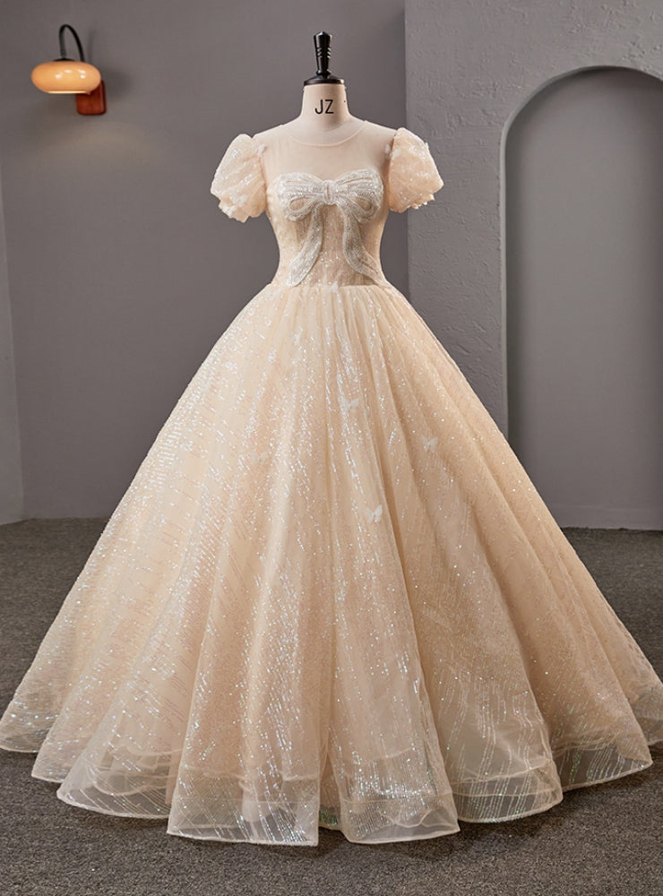 Champagne Tulle Sequins Puff Sleeve Backless Quinceanera Dress