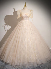 Champagne Tulle Sequins Short Sleeve Quinceanera Dresses