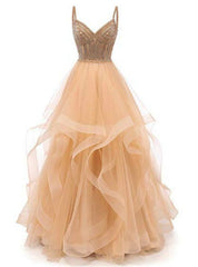 Champagne Tulle Spaghetti Straps Tulle Prom Dress With Beading