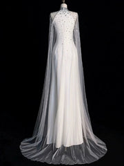 Chic Sheath High Neckline Sleeveless White Tulle Long Wedding Dresses With Beads