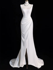 Chic Sheath Square Neckline Sleeveless White Satin Slit Wedding Dresses With Ruffles