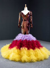 Colorful Mermaid Sequins Tulle Long Sleeve V-neck Prom Dress