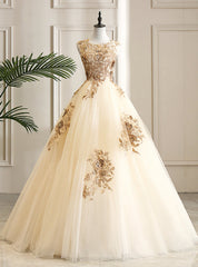 Come In a Wide Variety Of On-Trend Styles, Champagen Ball Gown Tulle Appliques Beading Quinceanera Dress