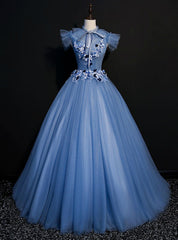 Come In All Styles And Colors Blue Ball Gown Tulle Backless Pleats Appliques Quinceanera Dress