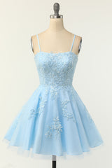 Cute Glitter Blue Homecoming Dresses A Line Sequins Short Prom Dresses with Appliques