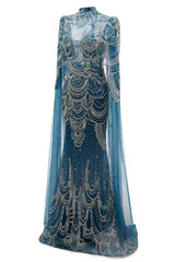 Dark Blue Mermaid Prom Dresses Beading Tulle Women Luxury Evening Dresses High Neck Long Sleeves